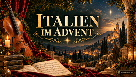 KI generiertes Teaserbild für das Klassikkonzert am 6.12.2026. Zusehen ist ein italienischer Ort in den Bergen, mit stimmungsvoller Beleuchtung. Im Vordergrund steht mir Weihnachtsschmuck ein Violoncello und Konzertbücher.