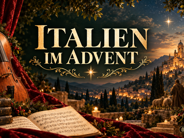 KI generiertes Teaserbild für das Klassikkonzert am 6.12.2026. Zusehen ist ein italienischer Ort in den Bergen, mit stimmungsvoller Beleuchtung. Im Vordergrund steht mir Weihnachtsschmuck ein Violoncello und Konzertbücher.