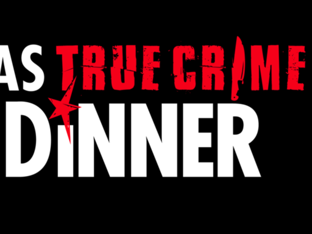 Teaserbild für True Crime Dinner. Weiß-roter-Schriftzug auf schwarzem Hintergrund.