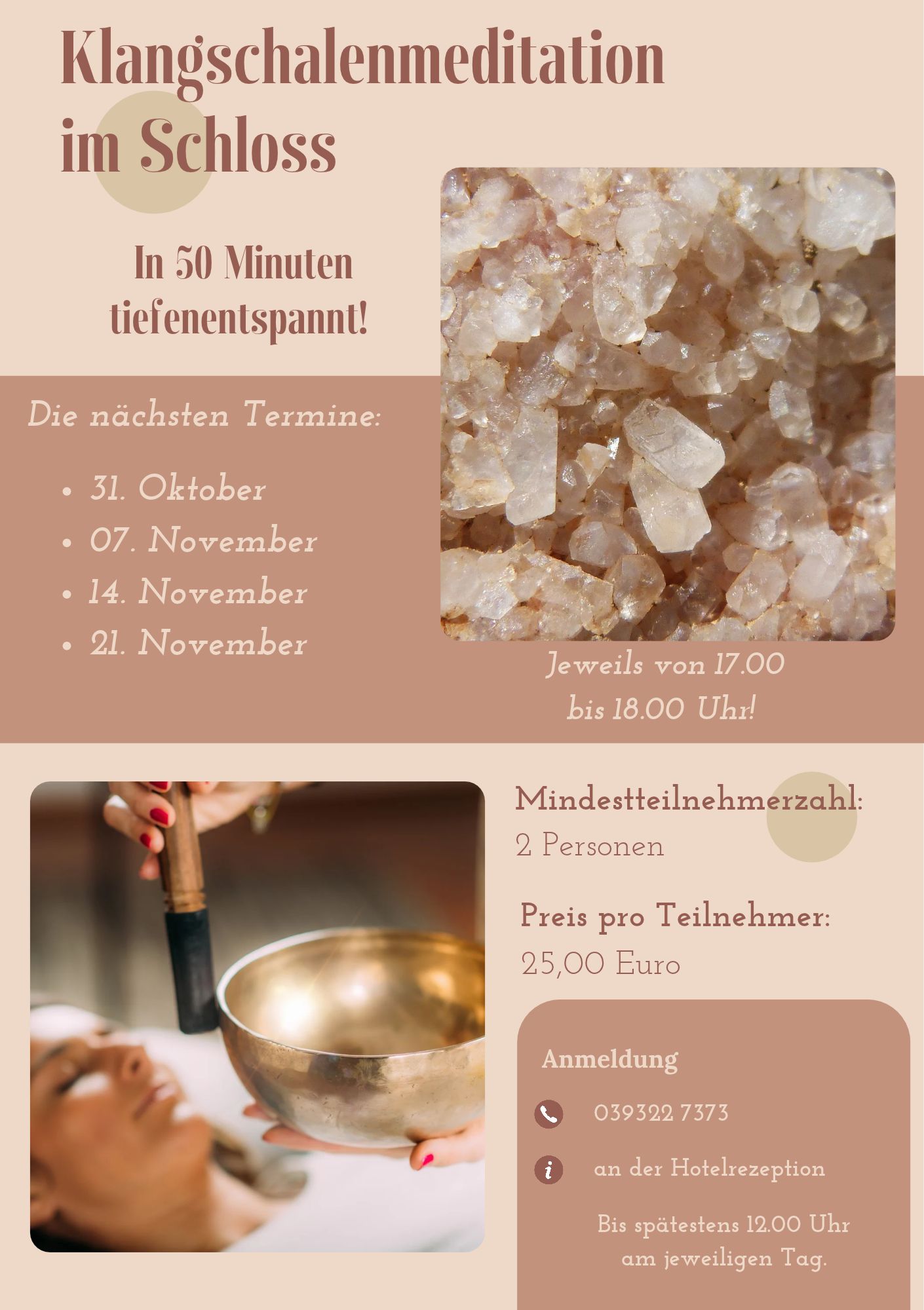 Plakat zur Klangschalenmeditation im Schloss Tangermünde mit Terminen von Oktober - November2026